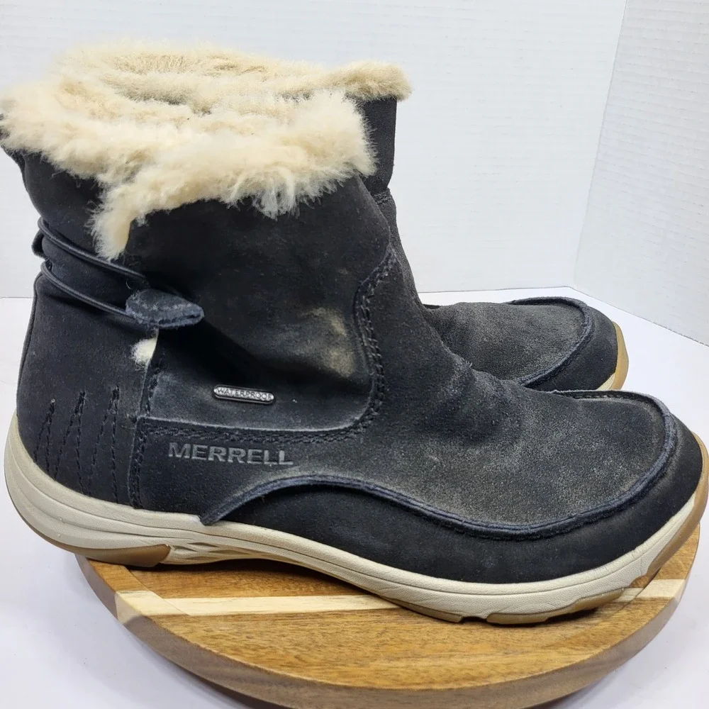 Merrell Waterproof Boots Womens 9 Black Good Insulated Suede‎ Faux Fur Gorpcore